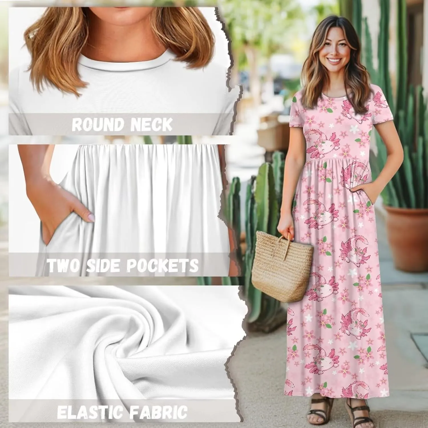 Women's Dress Crewneck Short Sleeve A-Line Dress Causal Long Sundress Summer Beach Clothes with Pockets