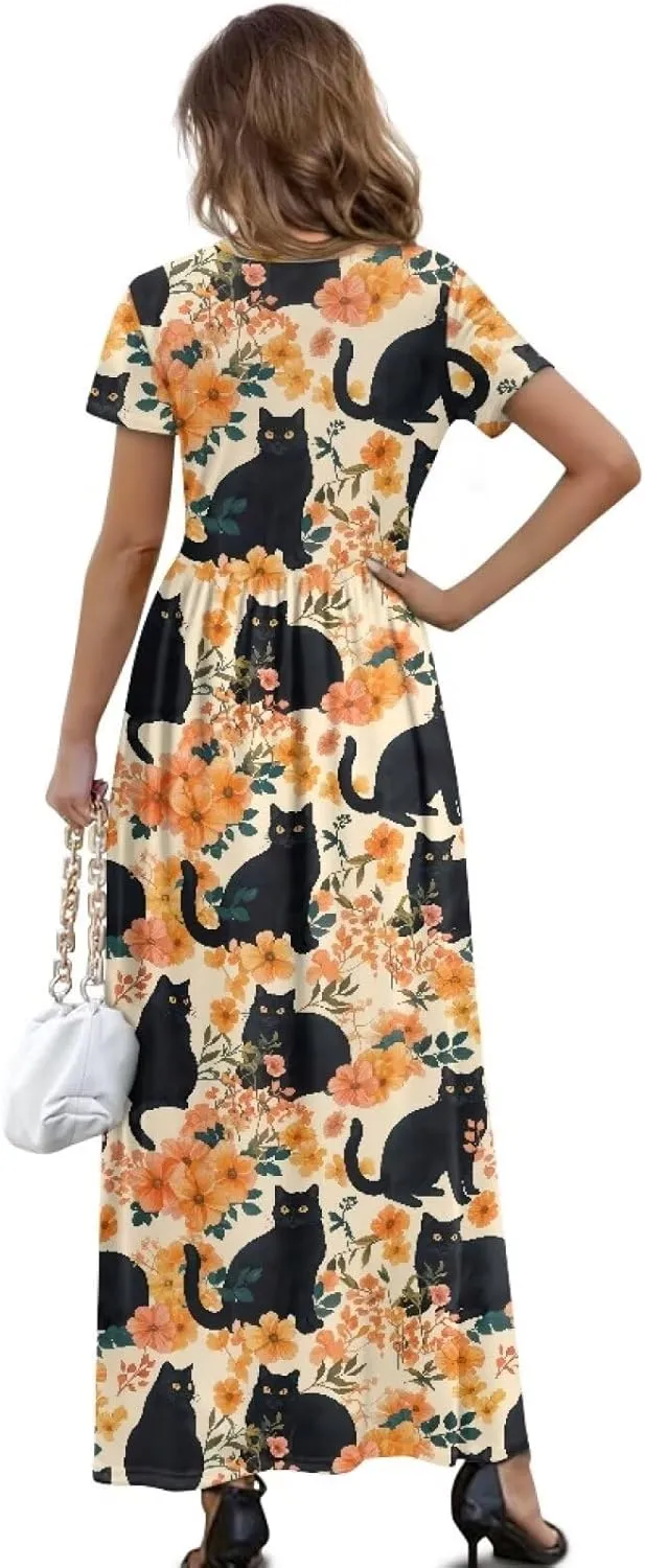 Women's Dress Crewneck Short Sleeve A-Line Dress Causal Long Sundress Summer Beach Clothes with Pockets