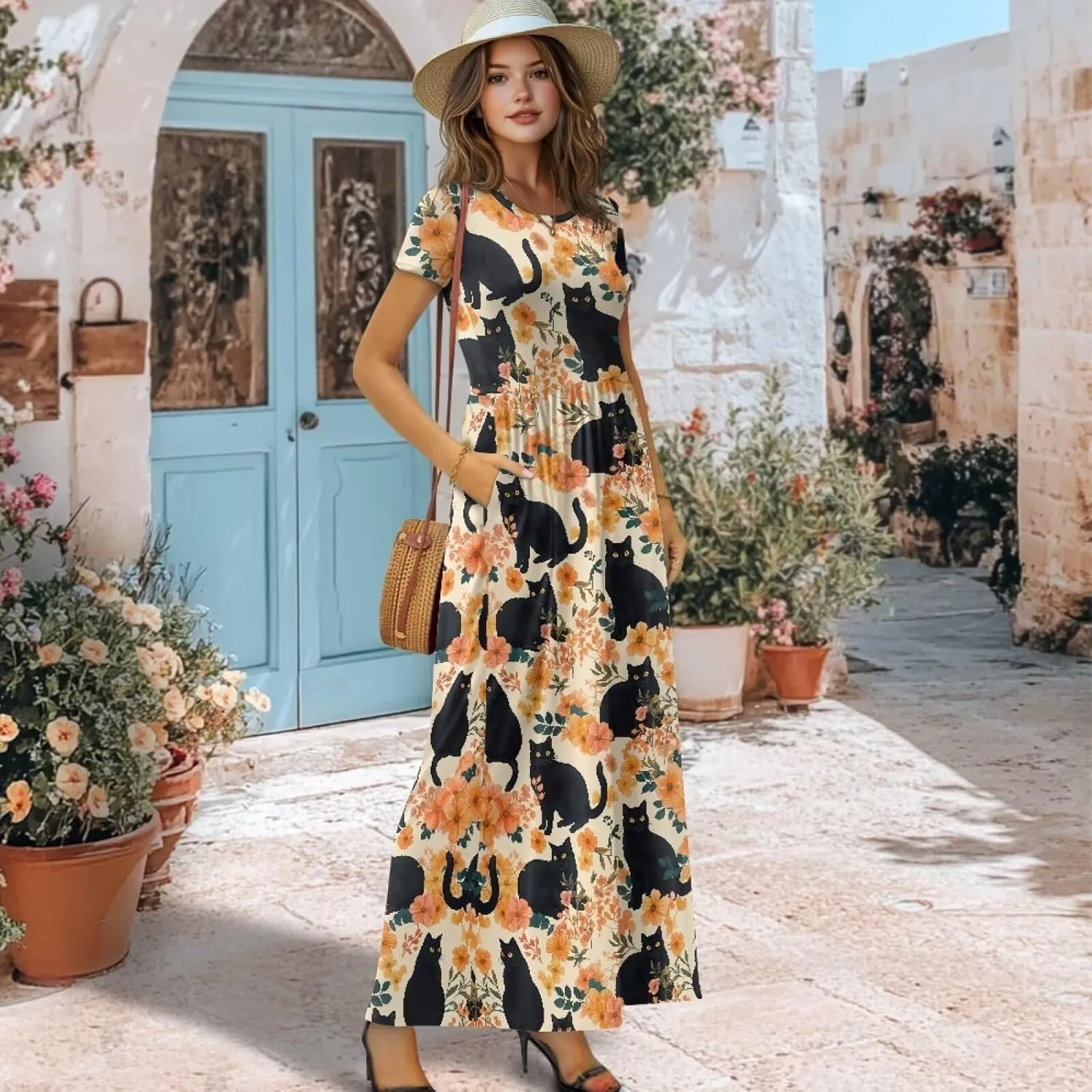 Women's Dress Crewneck Short Sleeve A-Line Dress Causal Long Sundress Summer Beach Clothes with Pockets
