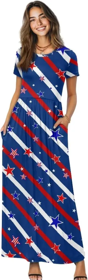 Women's Dress Crewneck Short Sleeve A-Line Dress Causal Long Sundress Summer Beach Clothes with Pockets