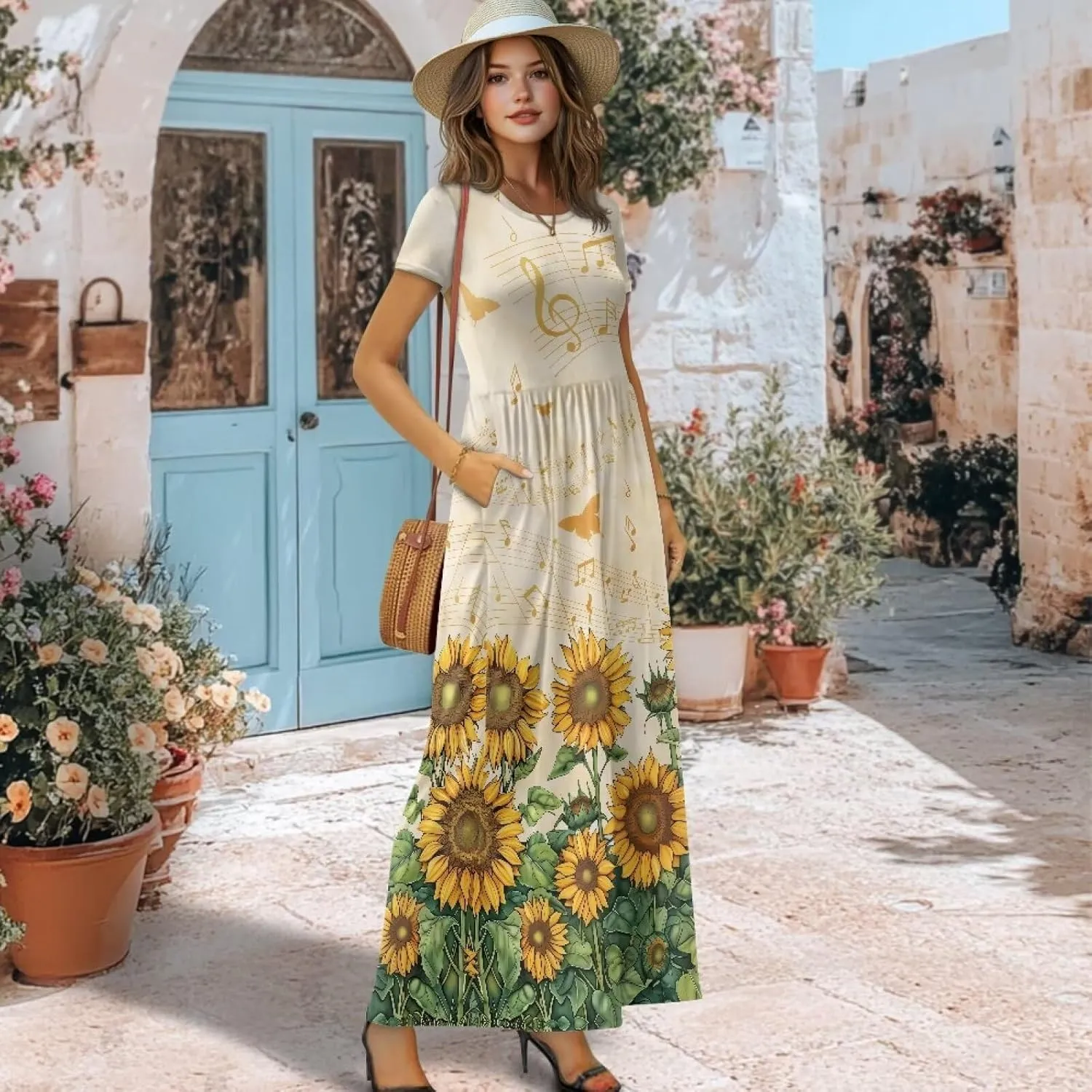Women's Dress Crewneck Short Sleeve A-Line Dress Causal Long Sundress Summer Beach Clothes with Pockets