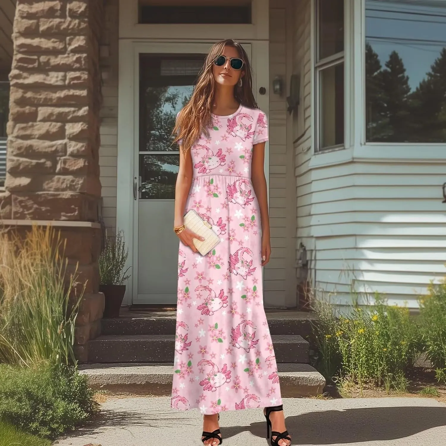 Women's Dress Crewneck Short Sleeve A-Line Dress Causal Long Sundress Summer Beach Clothes with Pockets