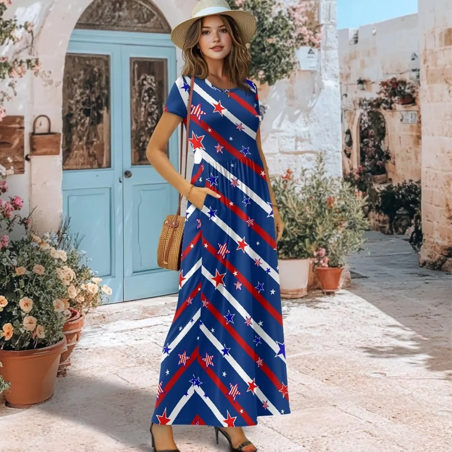 Women's Dress Crewneck Short Sleeve A-Line Dress Causal Long Sundress Summer Beach Clothes with Pockets
