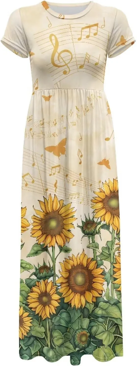 Women's Dress Crewneck Short Sleeve A-Line Dress Causal Long Sundress Summer Beach Clothes with Pockets