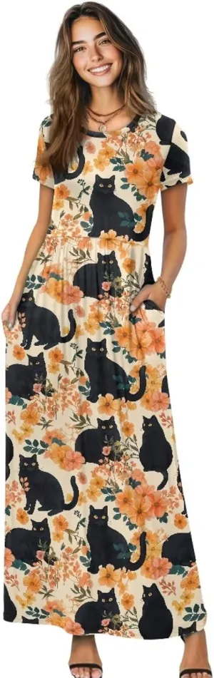 Women's Dress Crewneck Short Sleeve A-Line Dress Causal Long Sundress Summer Beach Clothes with Pockets
