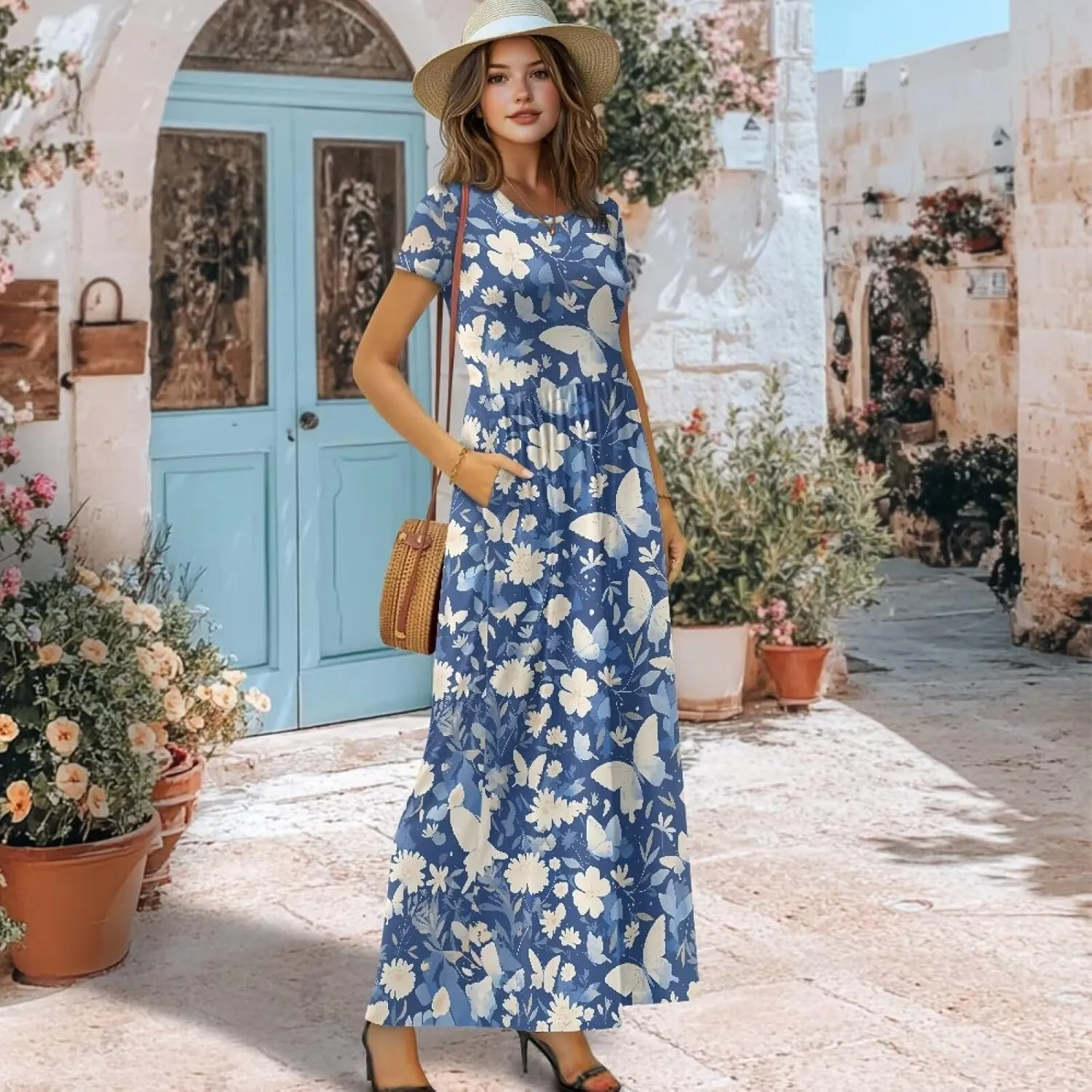 Women's Dress Crewneck Short Sleeve A-Line Dress Causal Long Sundress Summer Beach Clothes with Pockets
