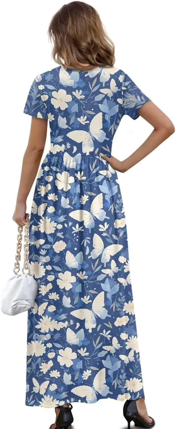 Women's Dress Crewneck Short Sleeve A-Line Dress Causal Long Sundress Summer Beach Clothes with Pockets