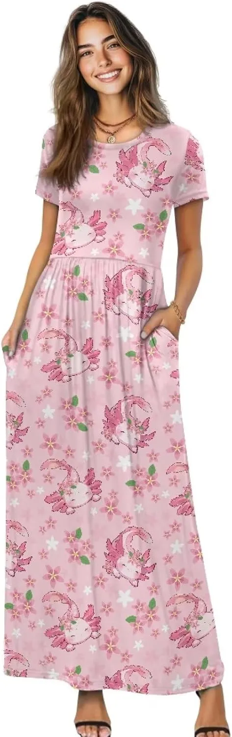 Women's Dress Crewneck Short Sleeve A-Line Dress Causal Long Sundress Summer Beach Clothes with Pockets