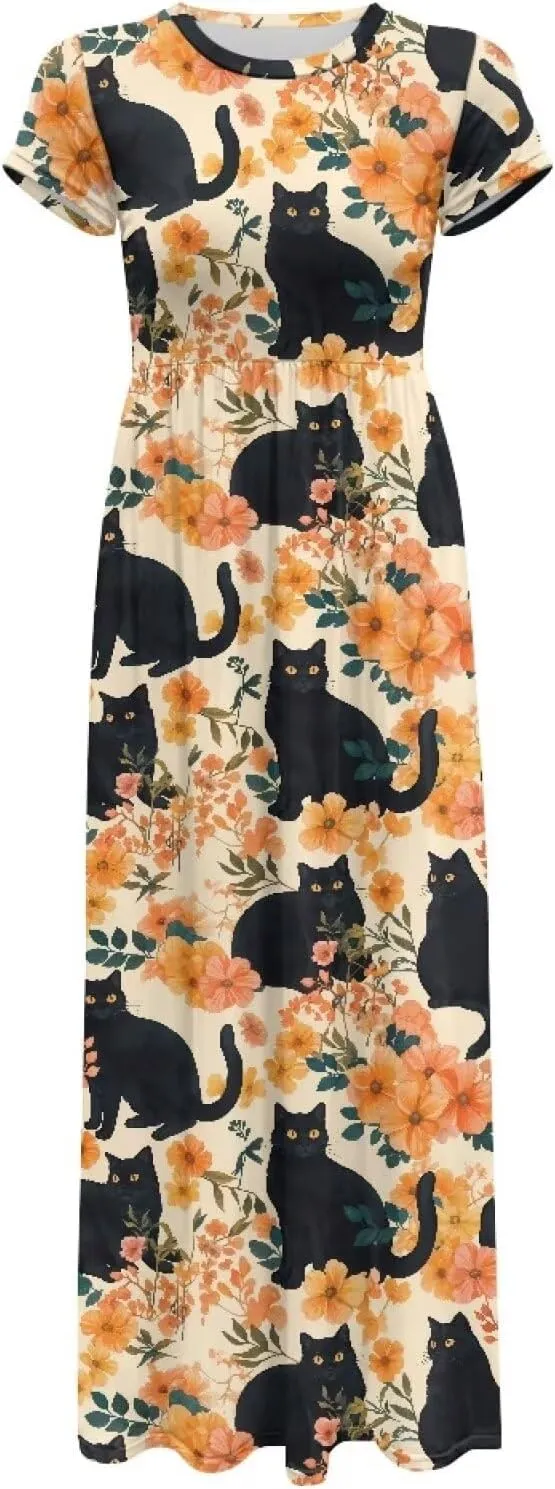 Women's Dress Crewneck Short Sleeve A-Line Dress Causal Long Sundress Summer Beach Clothes with Pockets
