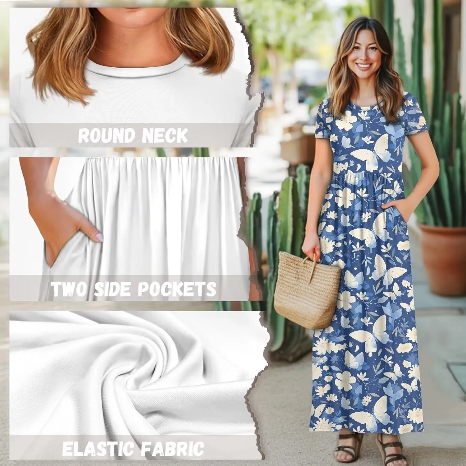 Women's Dress Crewneck Short Sleeve A-Line Dress Causal Long Sundress Summer Beach Clothes with Pockets