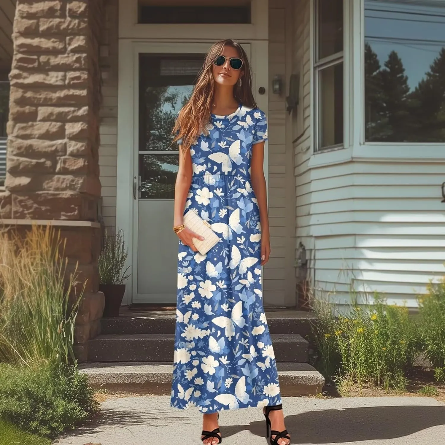 Women's Dress Crewneck Short Sleeve A-Line Dress Causal Long Sundress Summer Beach Clothes with Pockets