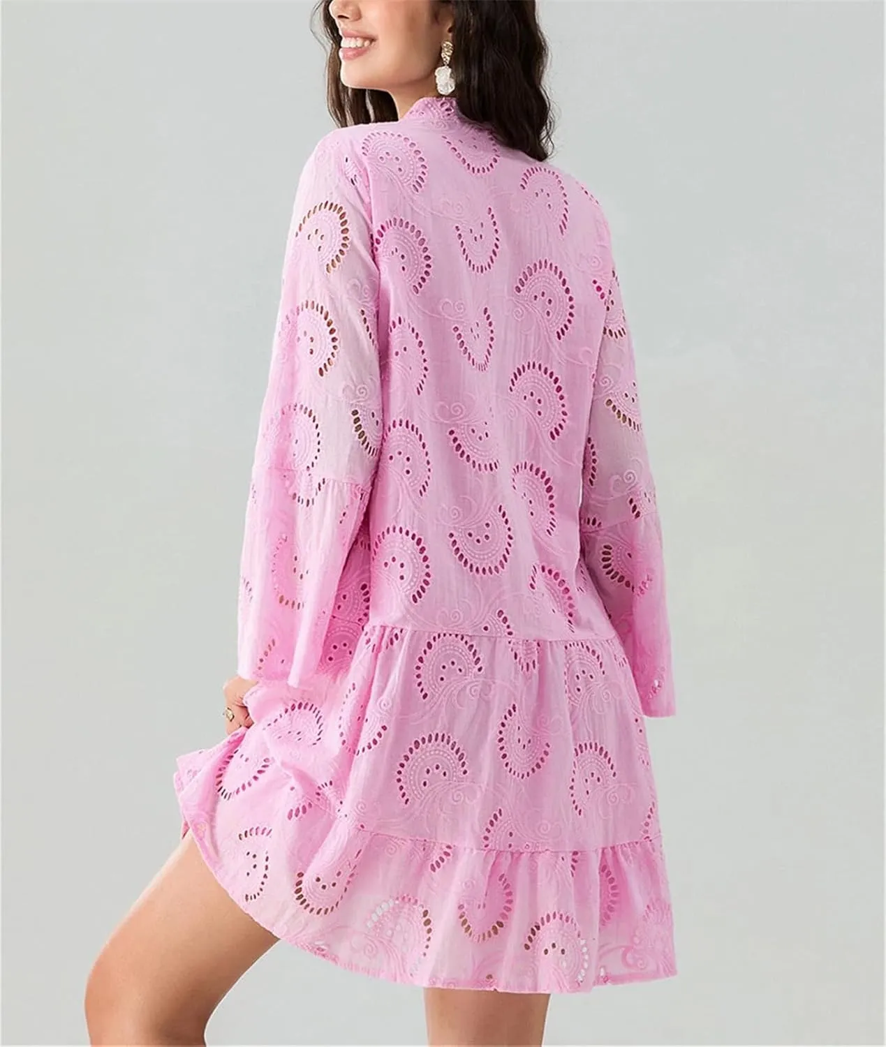 Women's Flare Long Sleeve V Neck Buttons Down Mini Dresses Spring Fall Bohemian Hollow Out Loose Dress