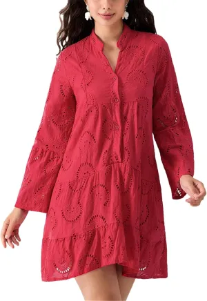 Women's Flare Long Sleeve V Neck Buttons Down Mini Dresses Spring Fall Bohemian Hollow Out Loose Dress