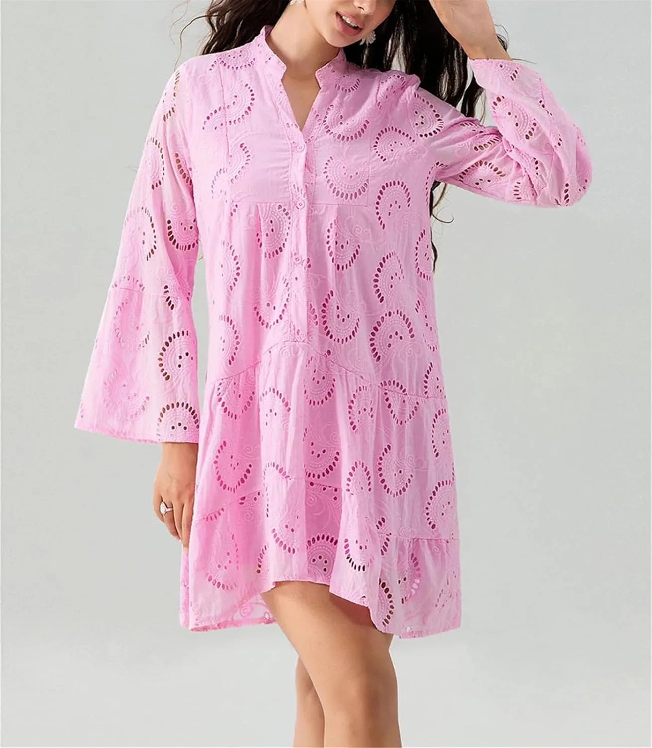 Women's Flare Long Sleeve V Neck Buttons Down Mini Dresses Spring Fall Bohemian Hollow Out Loose Dress