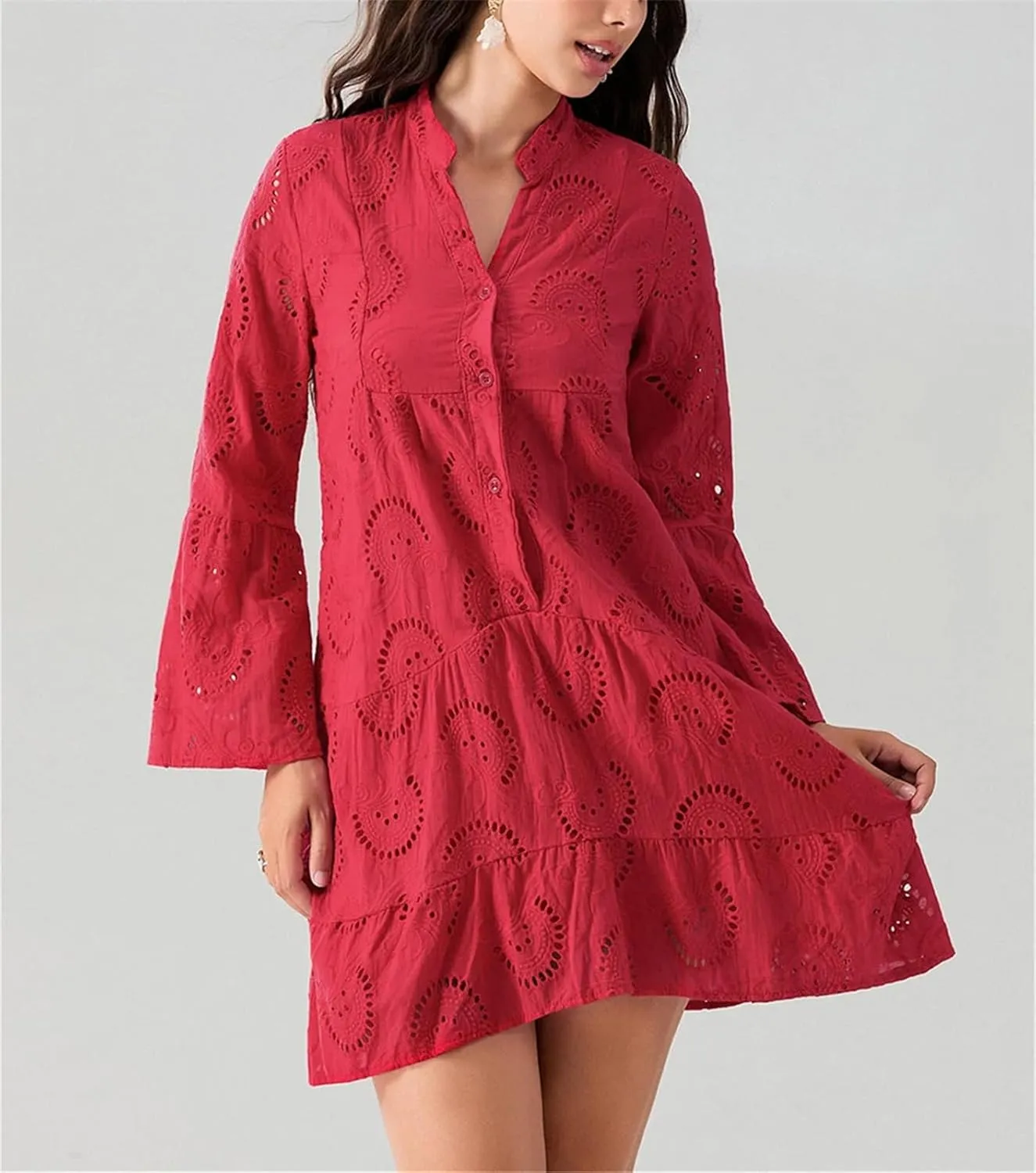 Women's Flare Long Sleeve V Neck Buttons Down Mini Dresses Spring Fall Bohemian Hollow Out Loose Dress