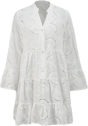 Women's Flare Long Sleeve V Neck Buttons Down Mini Dresses Spring Fall Bohemian Hollow Out Loose Dress