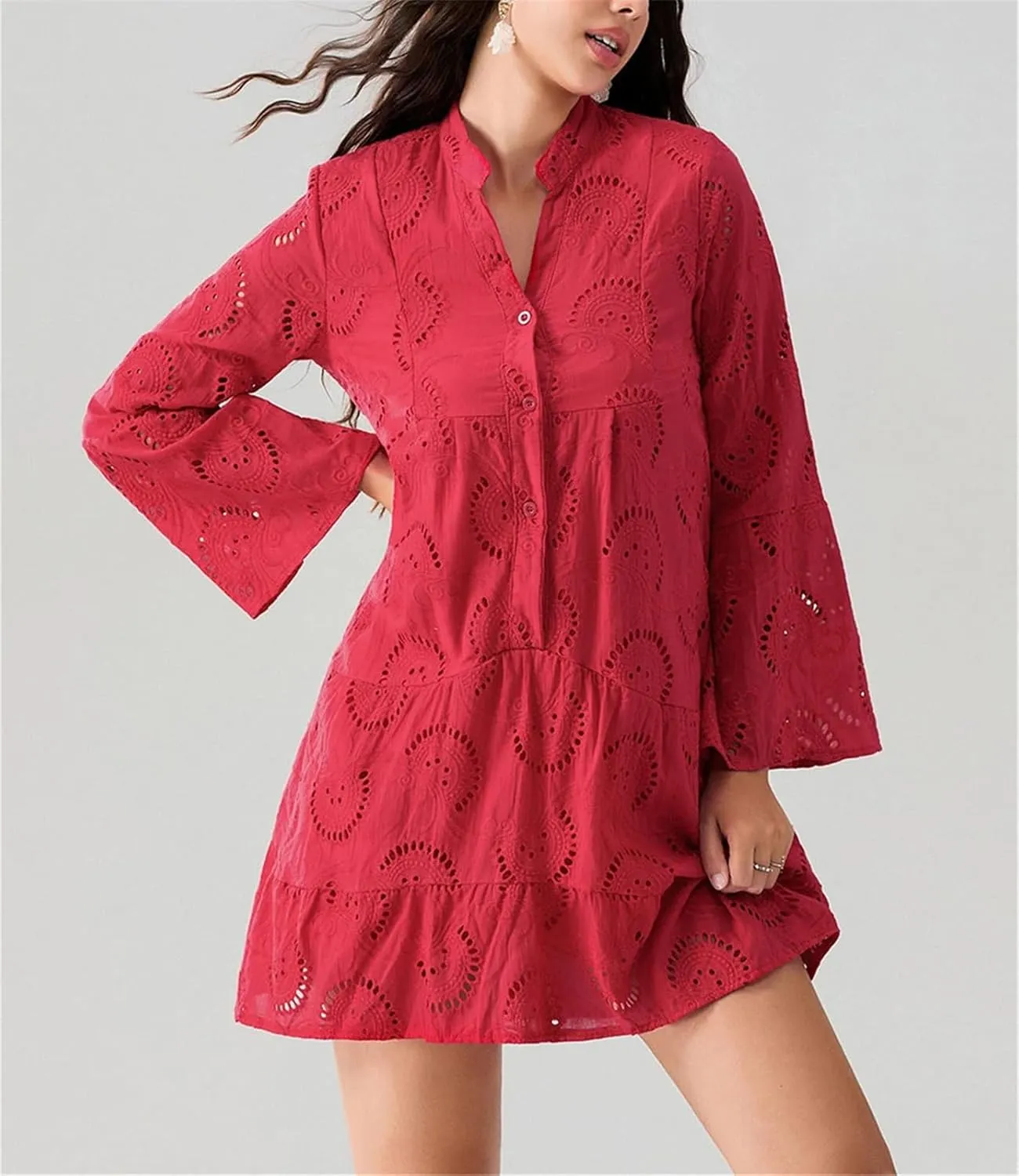 Women's Flare Long Sleeve V Neck Buttons Down Mini Dresses Spring Fall Bohemian Hollow Out Loose Dress