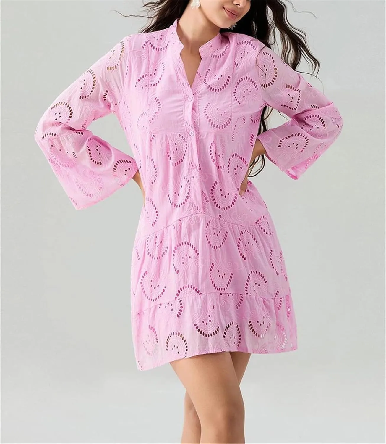 Women's Flare Long Sleeve V Neck Buttons Down Mini Dresses Spring Fall Bohemian Hollow Out Loose Dress