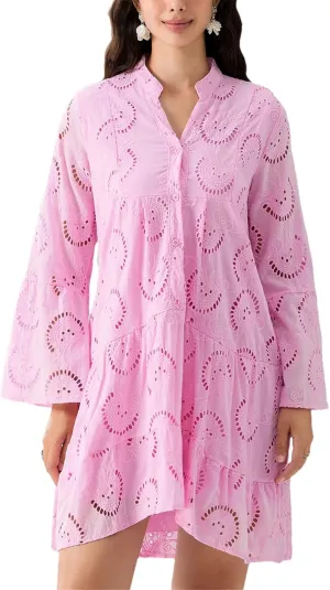 Women's Flare Long Sleeve V Neck Buttons Down Mini Dresses Spring Fall Bohemian Hollow Out Loose Dress