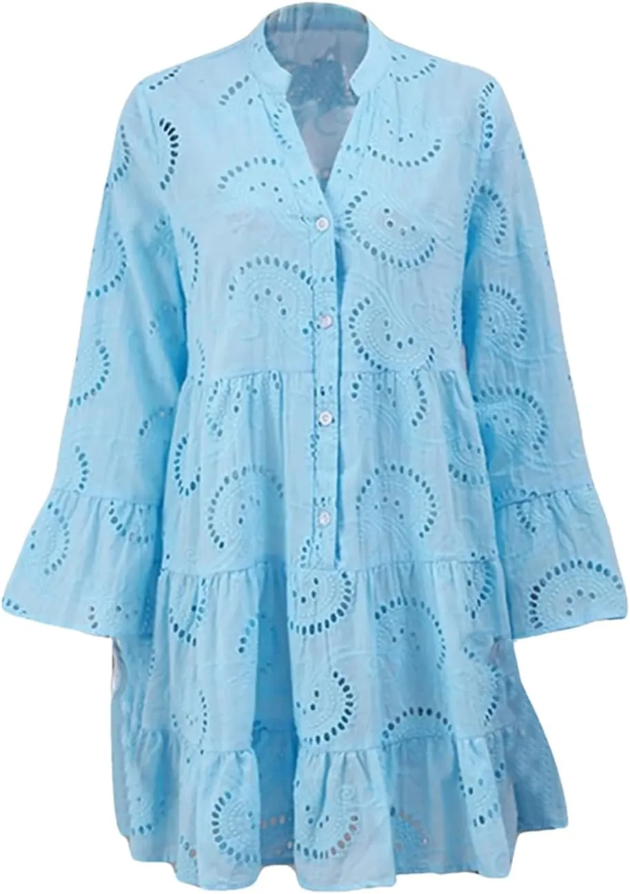 Women's Flare Long Sleeve V Neck Buttons Down Mini Dresses Spring Fall Bohemian Hollow Out Loose Dress