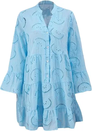 Women's Flare Long Sleeve V Neck Buttons Down Mini Dresses Spring Fall Bohemian Hollow Out Loose Dress