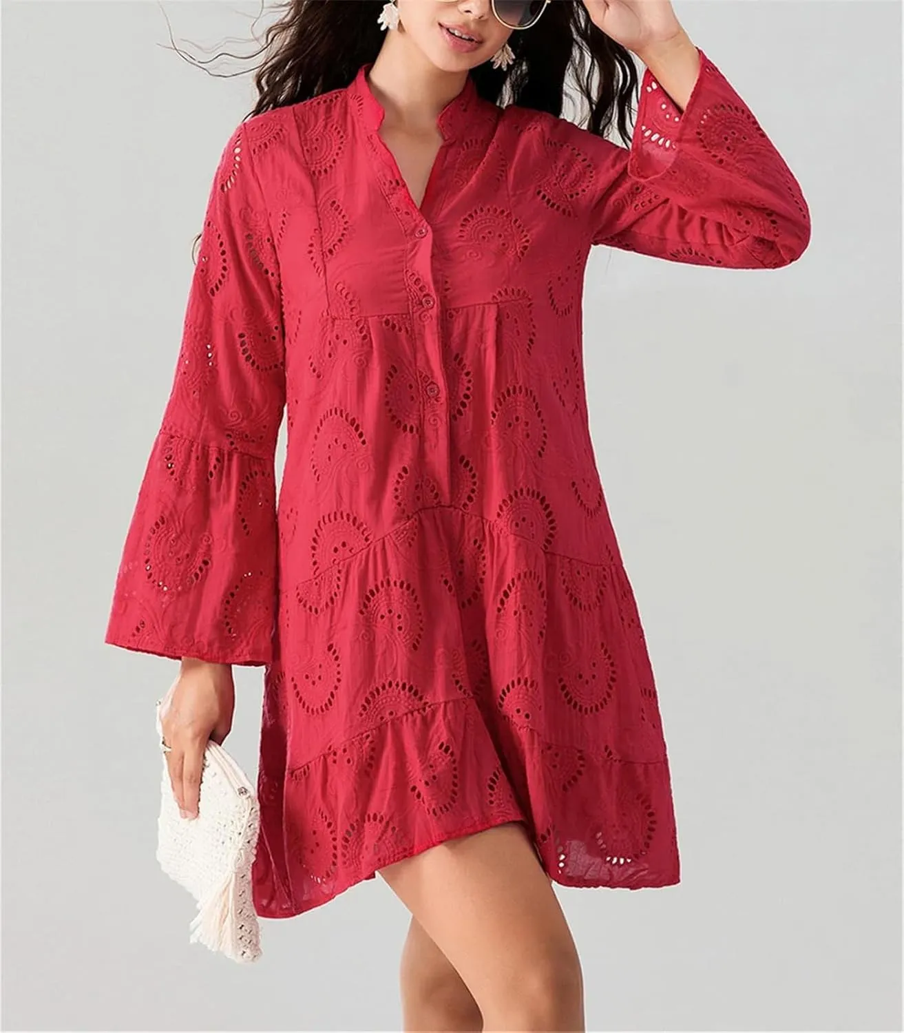 Women's Flare Long Sleeve V Neck Buttons Down Mini Dresses Spring Fall Bohemian Hollow Out Loose Dress