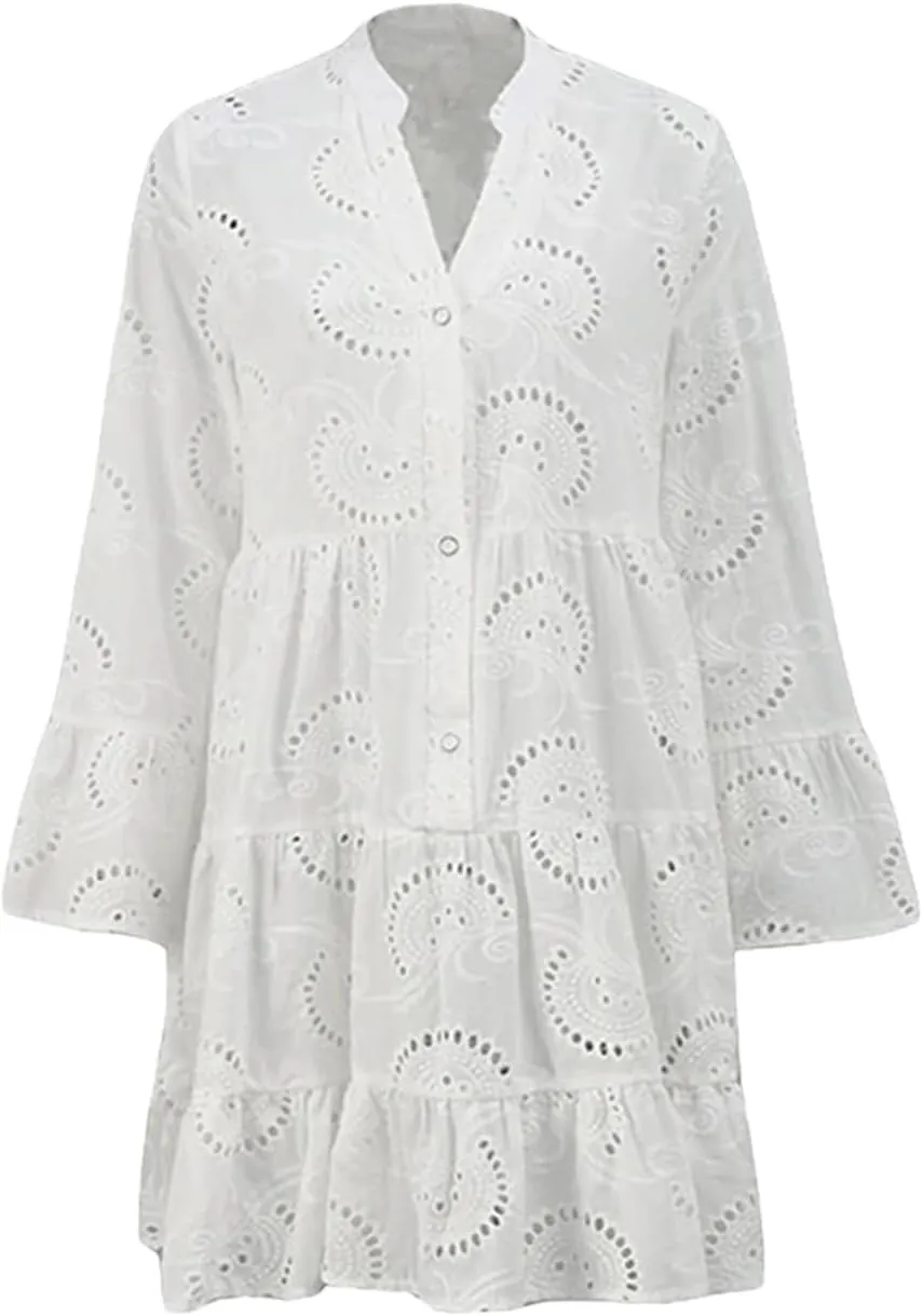 Women's Flare Long Sleeve V Neck Buttons Down Mini Dresses Spring Fall Bohemian Hollow Out Loose Dress