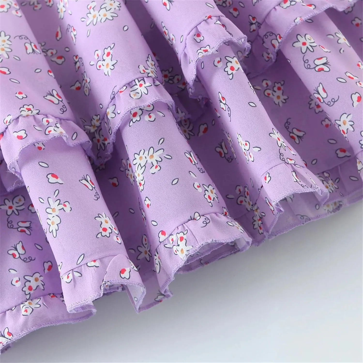 Women's Floral Print Slit Bra Strap Corset Dress Chiffon Spliced Ruffle Hem Cake Mini Holiday Dresses Robe