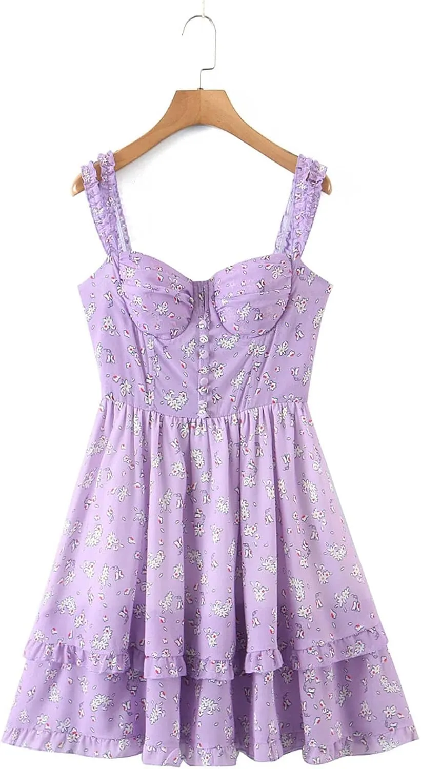 Women's Floral Print Slit Bra Strap Corset Dress Chiffon Spliced Ruffle Hem Cake Mini Holiday Dresses Robe