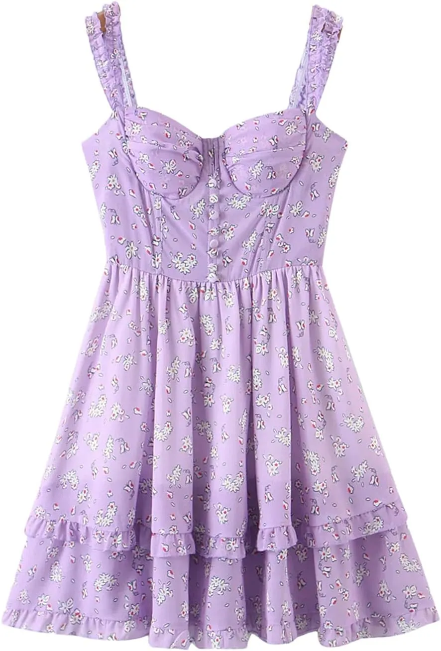 Women's Floral Print Slit Bra Strap Corset Dress Chiffon Spliced Ruffle Hem Cake Mini Holiday Dresses Robe