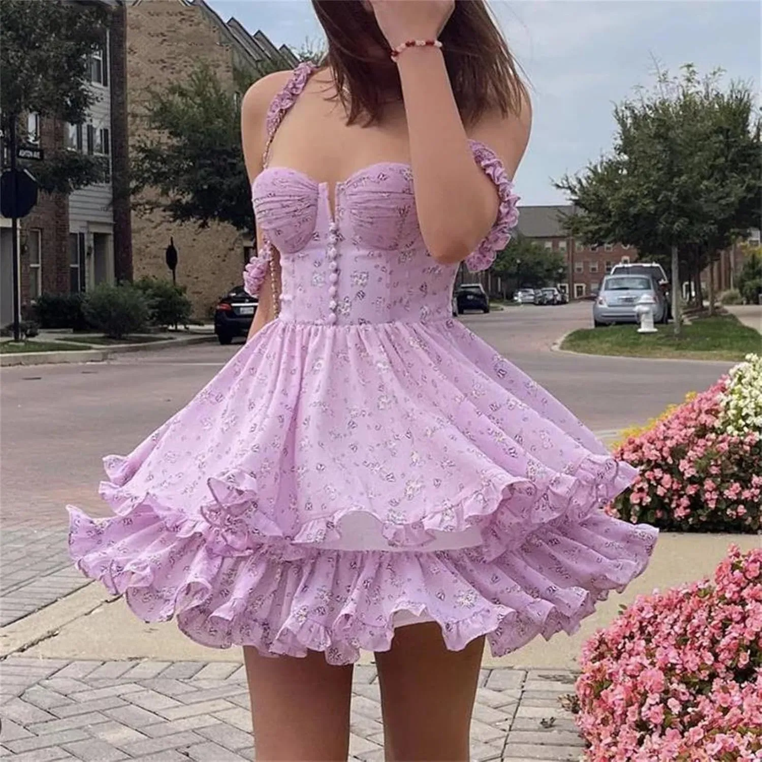 Women's Floral Print Slit Bra Strap Corset Dress Chiffon Spliced Ruffle Hem Cake Mini Holiday Dresses Robe