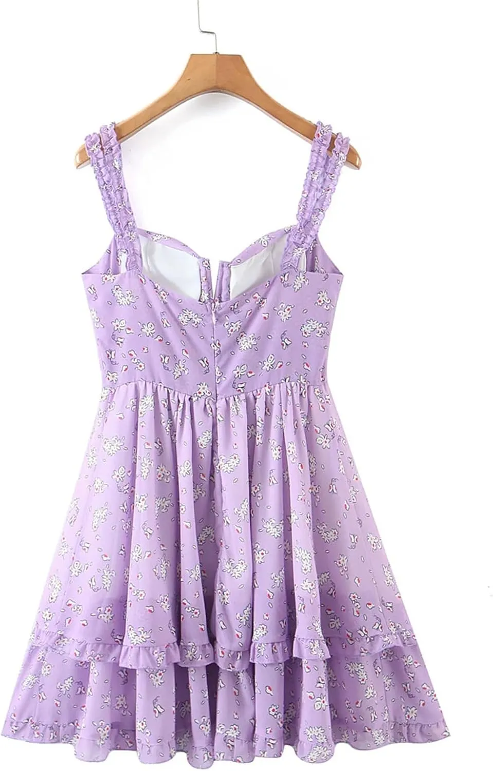 Women's Floral Print Slit Bra Strap Corset Dress Chiffon Spliced Ruffle Hem Cake Mini Holiday Dresses Robe