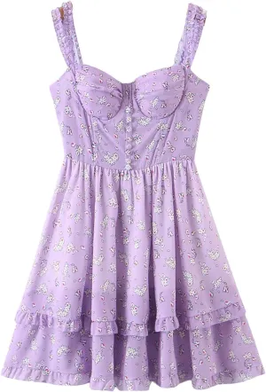 Women's Floral Print Slit Bra Strap Corset Dress Chiffon Spliced Ruffle Hem Cake Mini Holiday Dresses Robe