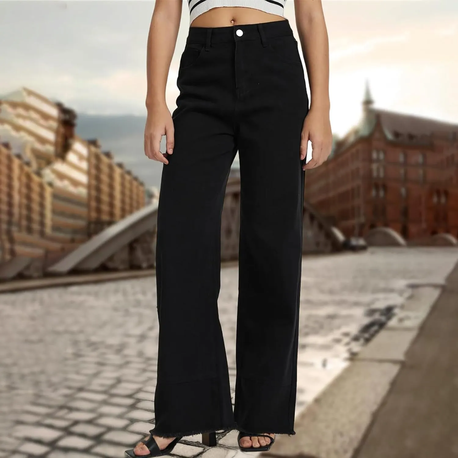 Women's High Waist Baggy Jeans Boyfriend Wide Leg Denim Pants with Pocket Ripped Straight Leg Casual Loose Trouser