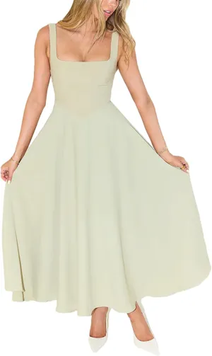 Women's High Waist Fashion Square Neck Sleeveless A-Line Dresses 2025 Vocation Beach Party Streetwear Midi Dress