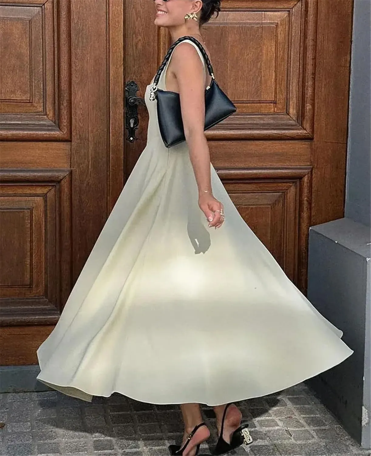 Women's High Waist Fashion Square Neck Sleeveless A-Line Dresses 2025 Vocation Beach Party Streetwear Midi Dress