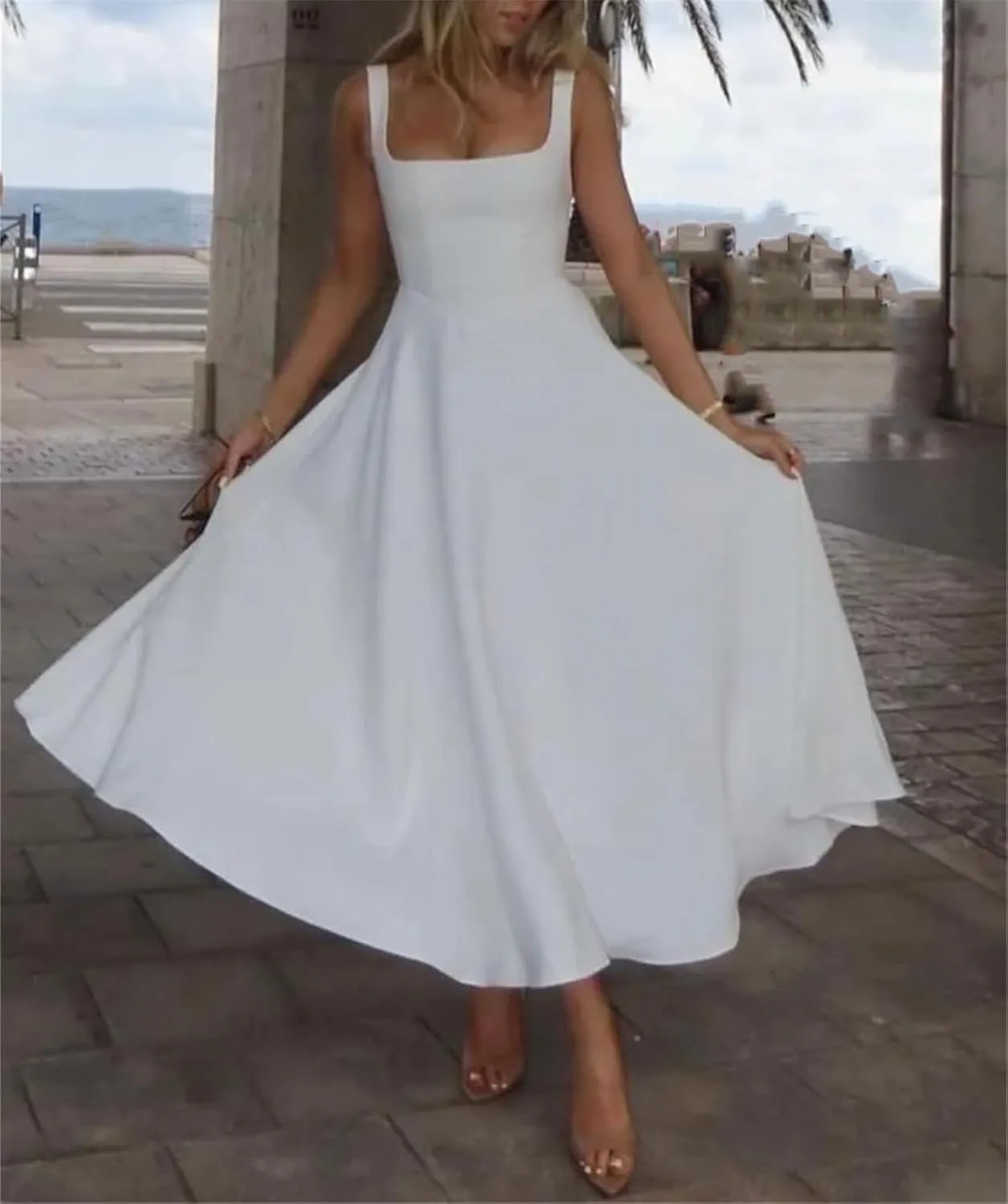 Women's High Waist Fashion Square Neck Sleeveless A-Line Dresses 2025 Vocation Beach Party Streetwear Midi Dress