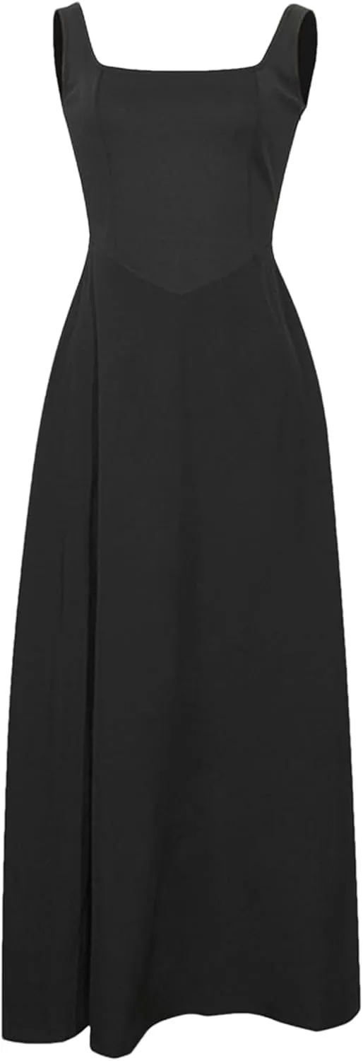 Women's High Waist Fashion Square Neck Sleeveless A-Line Dresses 2025 Vocation Beach Party Streetwear Midi Dress