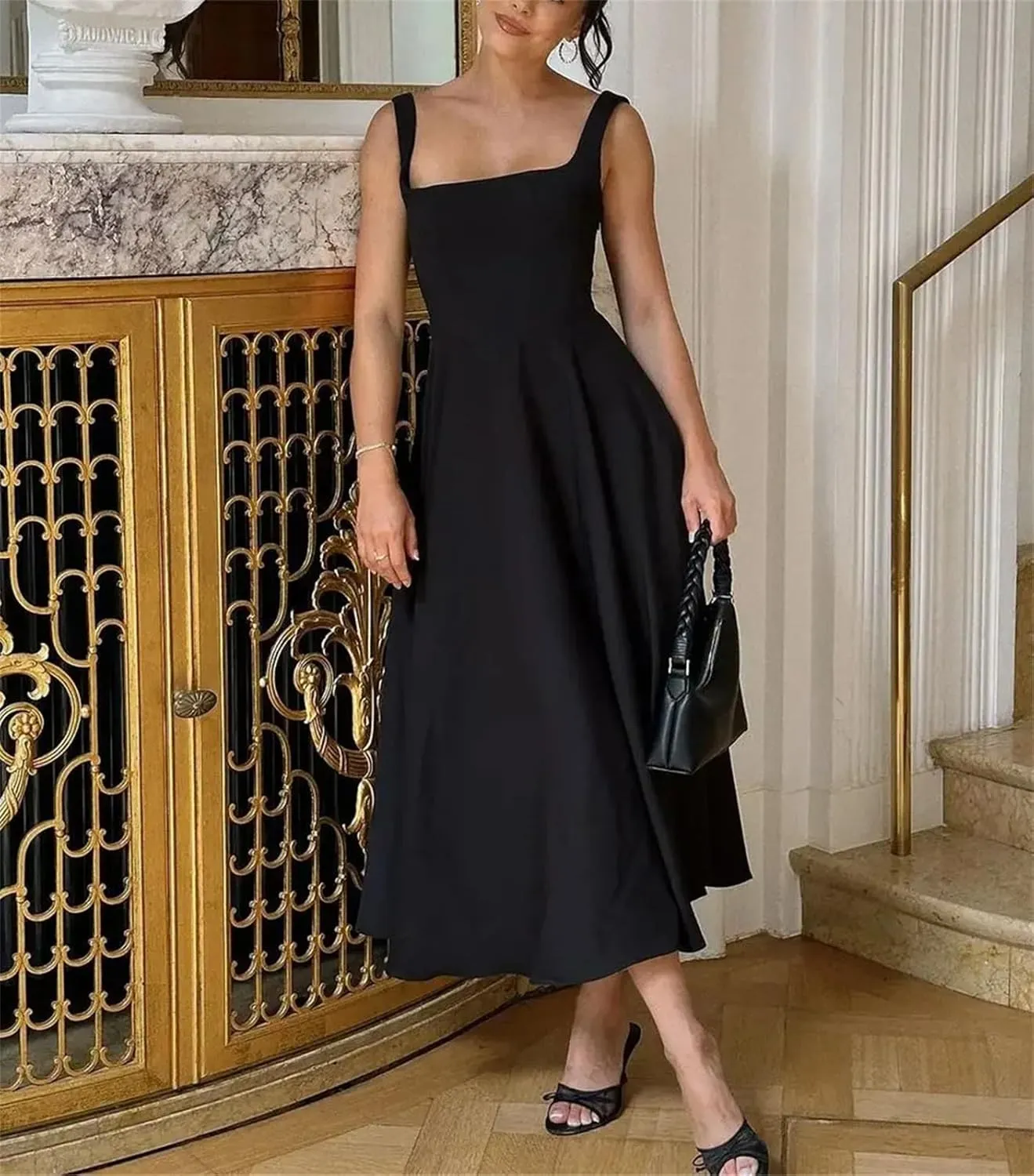 Women's High Waist Fashion Square Neck Sleeveless A-Line Dresses 2025 Vocation Beach Party Streetwear Midi Dress