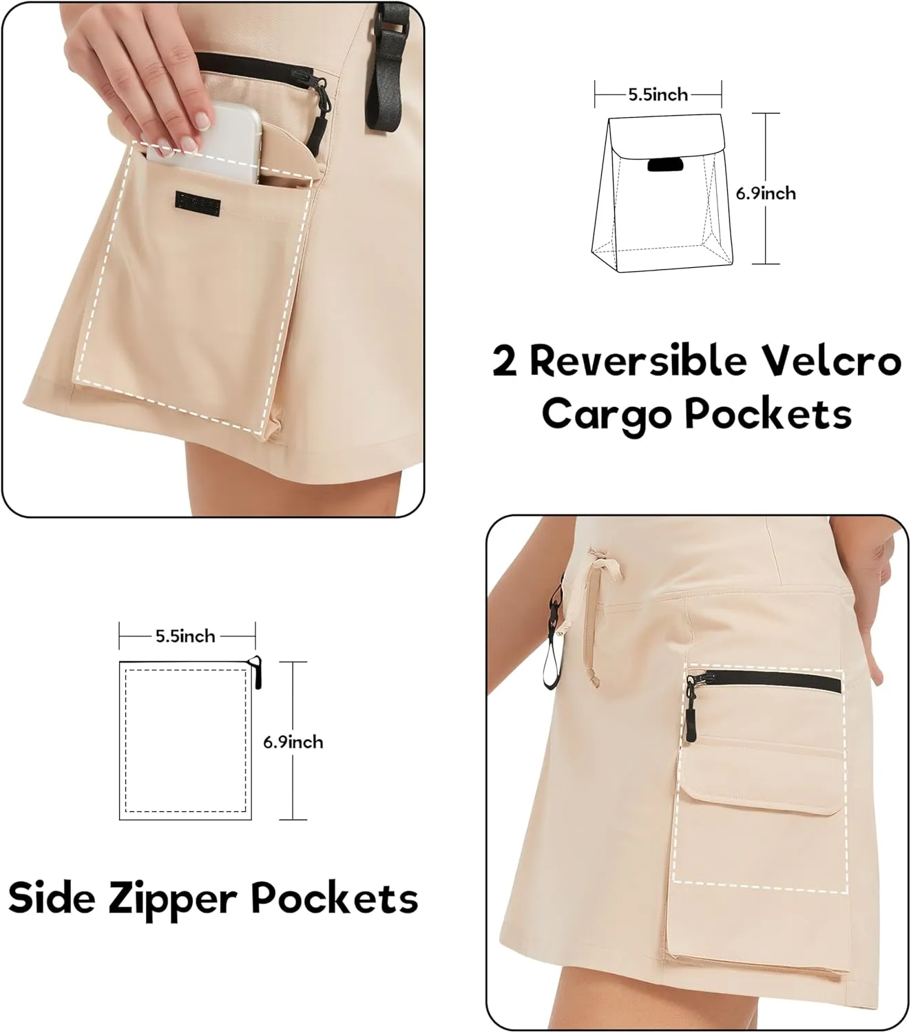 Women's High Waisted Hiking Cargo Skort with Zipper Pockets - Quick Dry Golf & Workout Skirt