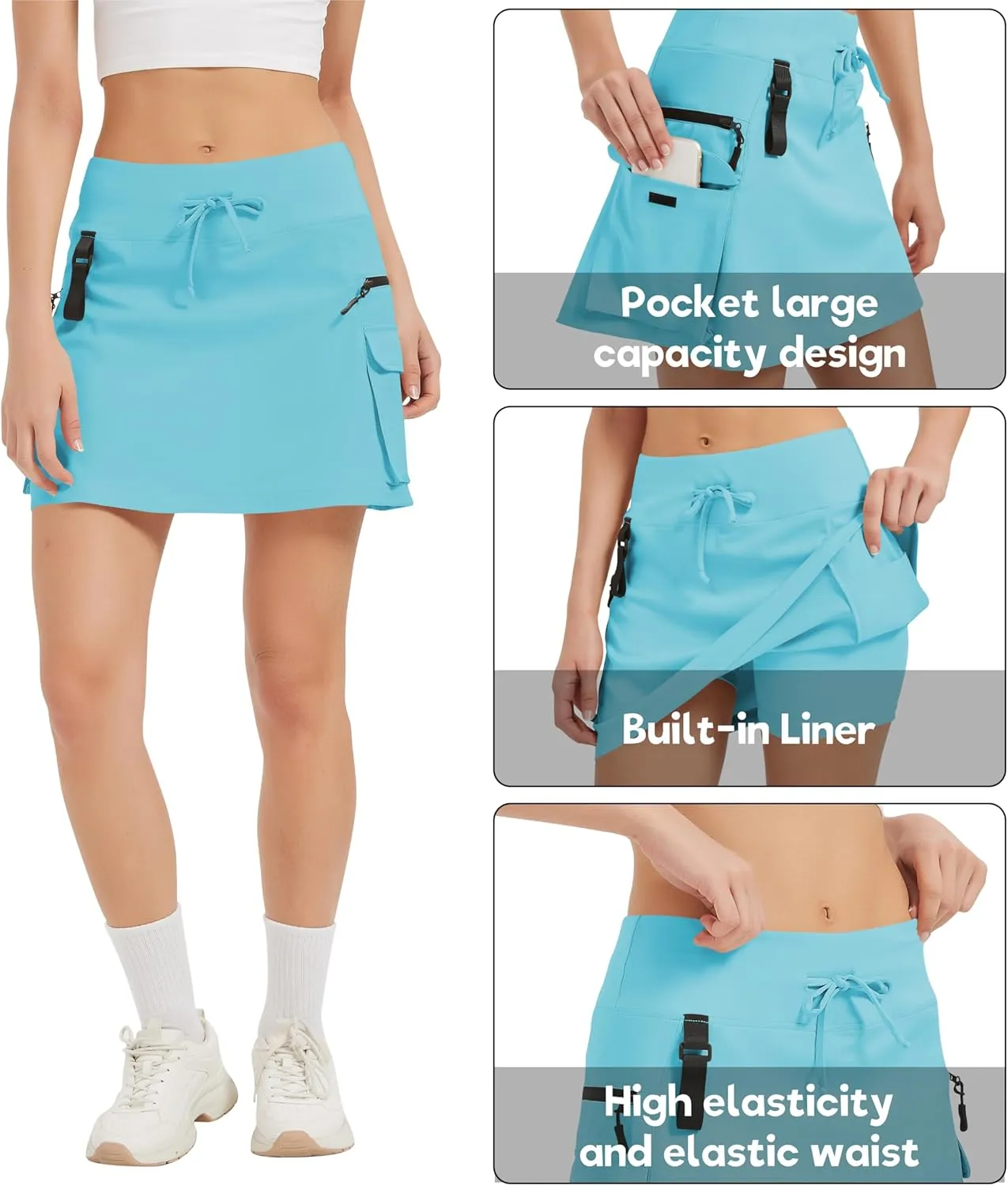 Women's High Waisted Hiking Cargo Skort with Zipper Pockets - Quick Dry Golf & Workout Skirt