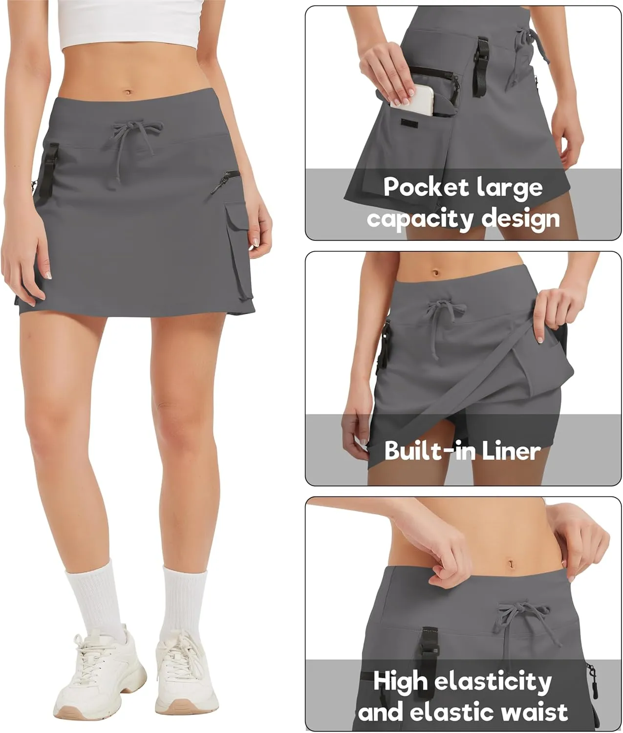 Women's High Waisted Hiking Cargo Skort with Zipper Pockets - Quick Dry Golf & Workout Skirt
