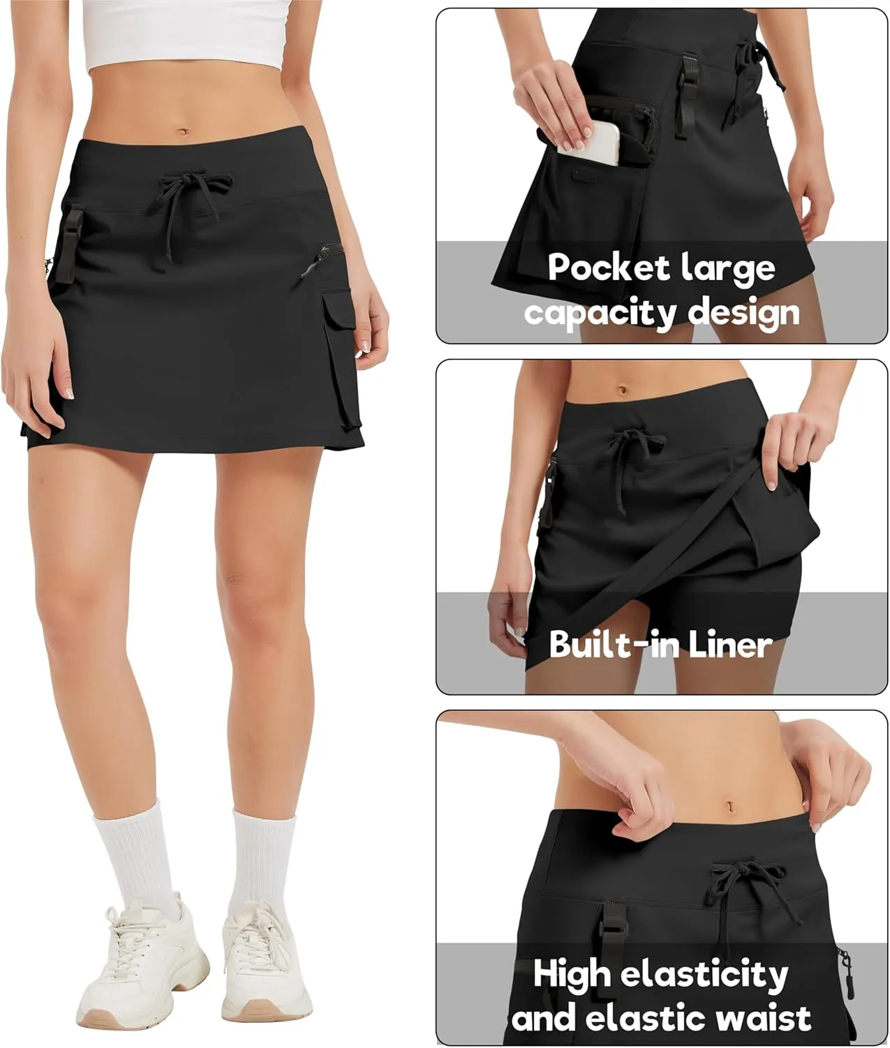 Women's High Waisted Hiking Cargo Skort with Zipper Pockets - Quick Dry Golf & Workout Skirt