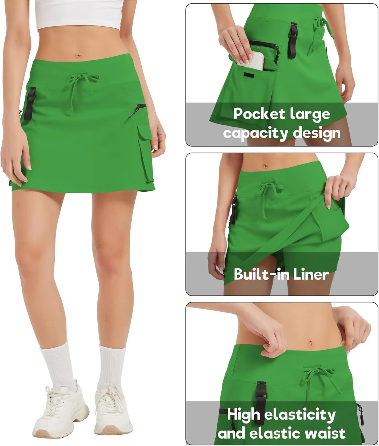 Women's High Waisted Hiking Cargo Skort with Zipper Pockets - Quick Dry Golf & Workout Skirt