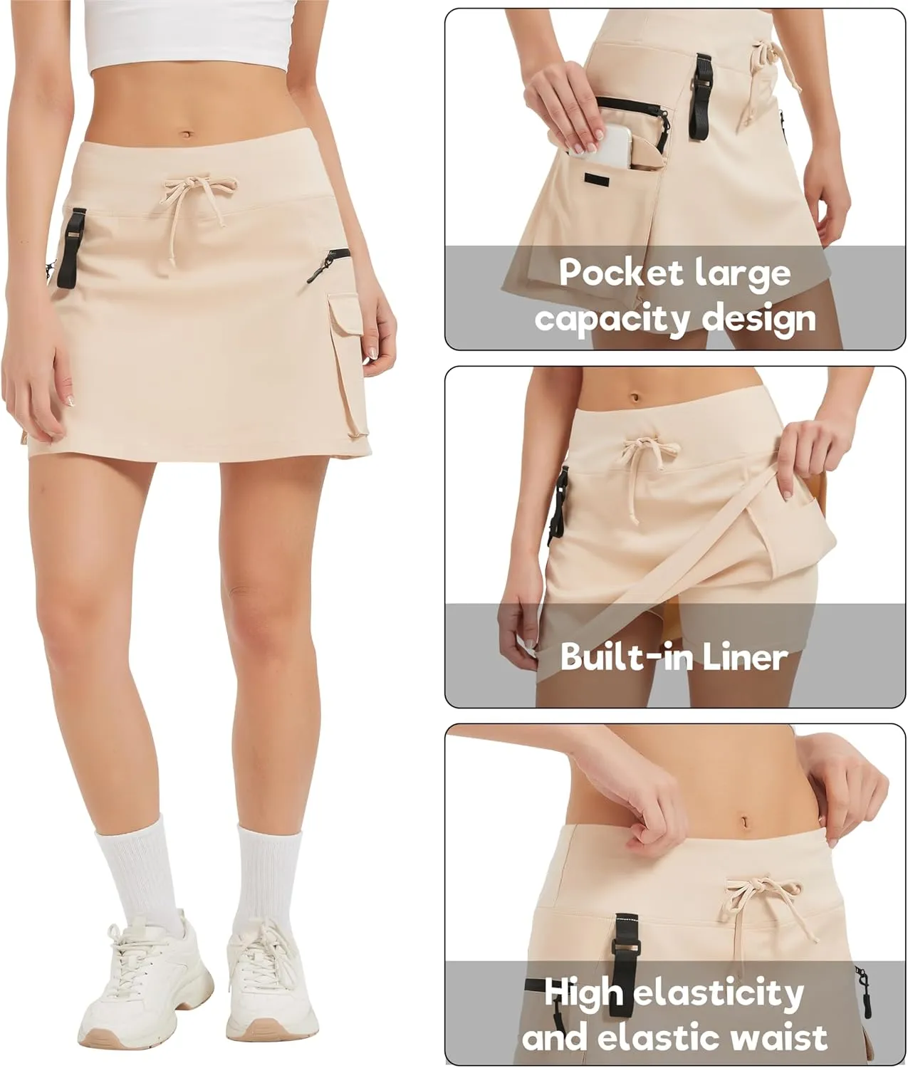 Women's High Waisted Hiking Cargo Skort with Zipper Pockets - Quick Dry Golf & Workout Skirt