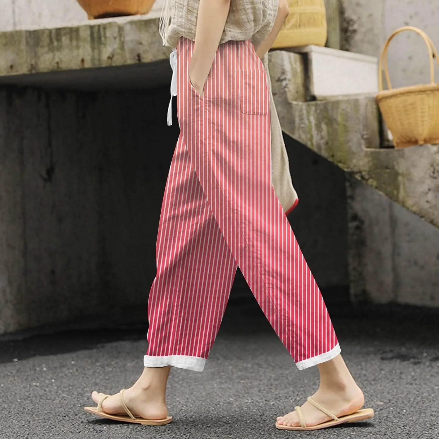 Womens Linen Blend Summer Baggy Pant Trousers Low Waist Wide Leg Plus Size Palazzo Pants Beach
