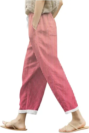 Womens Linen Blend Summer Baggy Pant Trousers Low Waist Wide Leg Plus Size Palazzo Pants Beach