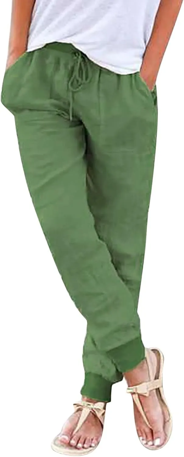 Women's Linen Blend Summer Cropped Pants Low Waist Wide Leg Slim Fit Palazzo Lounge Pants Vacation