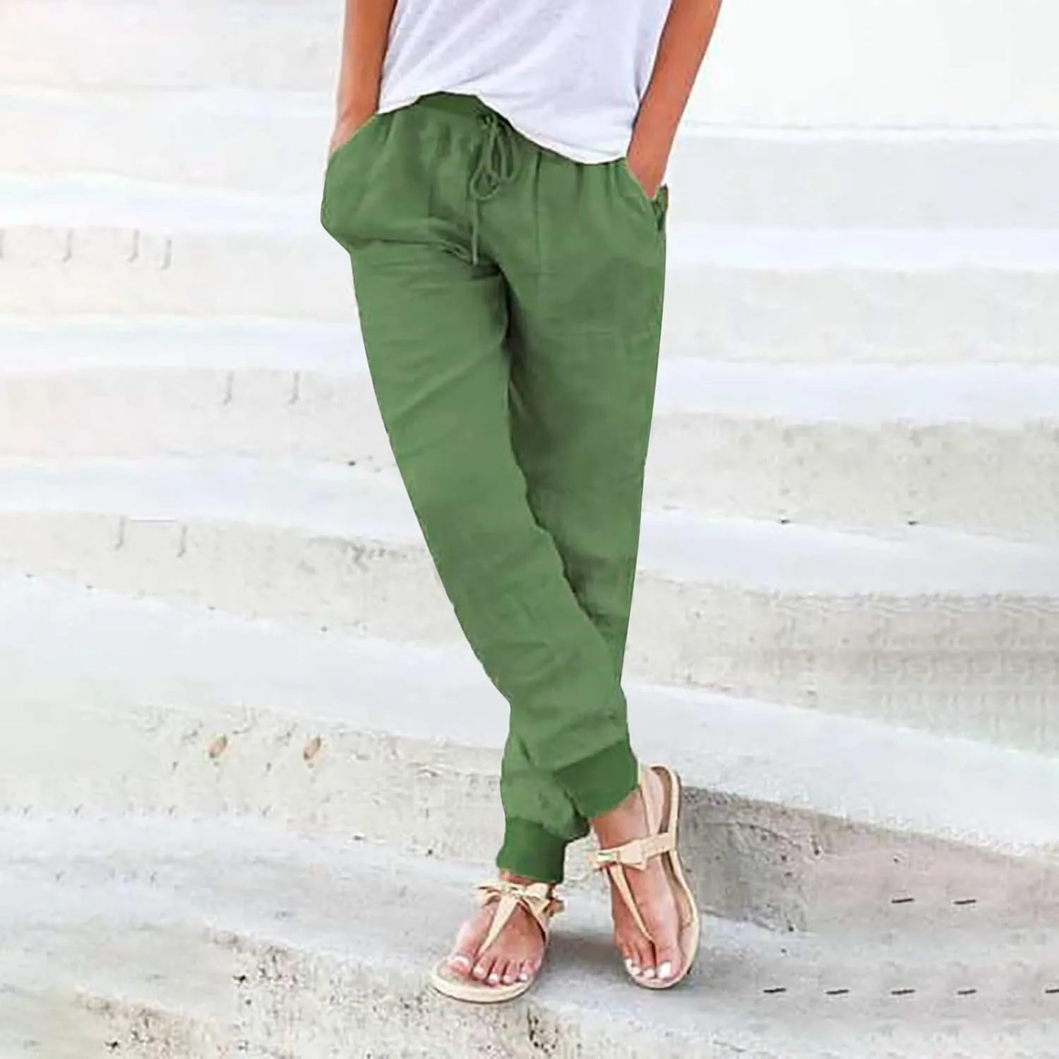 Women's Linen Blend Summer Cropped Pants Low Waist Wide Leg Slim Fit Palazzo Lounge Pants Vacation