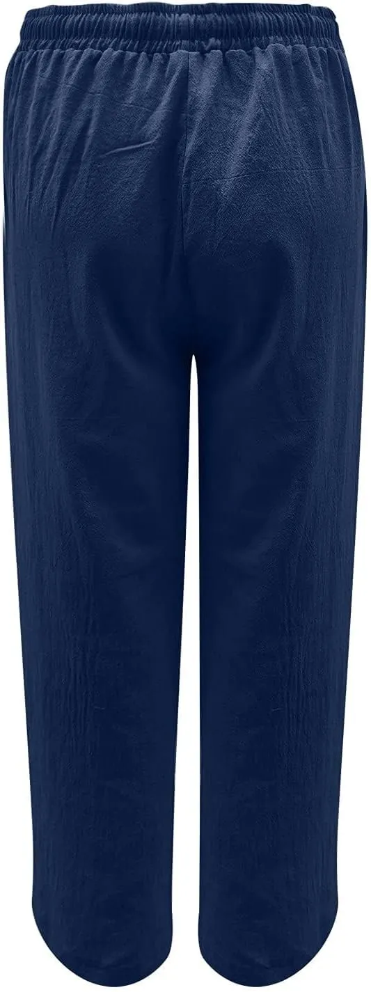Womens Linen Wide Leg Pants High Waisted Drawstring Pant Athletic Casual Sweatpants Flowy Beach Pants Summer Trousers
